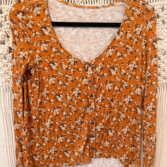 American Eagle Outfitters Tops - American Eagle Outfitters Floral Orange Button-Down Shirt High Low Hem Oversized